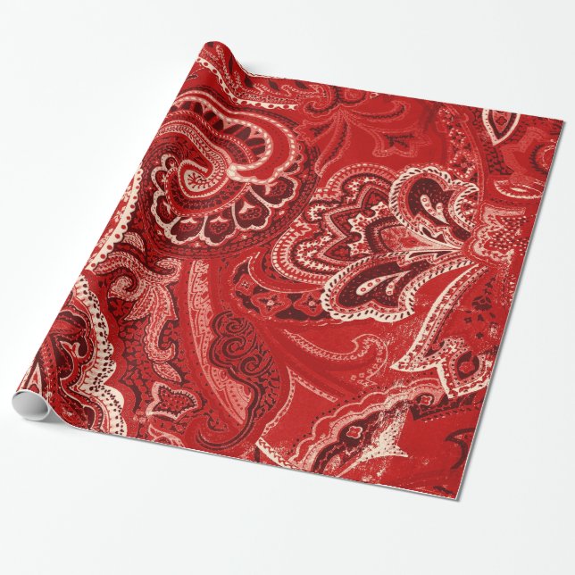 Papier Cadeau Rétros bandanna/Bandana rouges de Paisley (Déroulé)