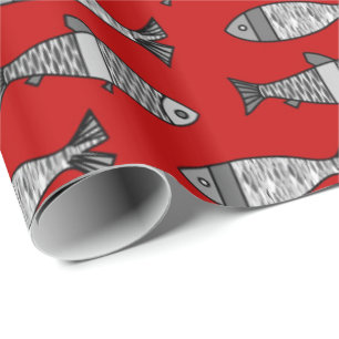 Papier Cadeau Rétros poissons modernes, rouge-foncé et gris/gris