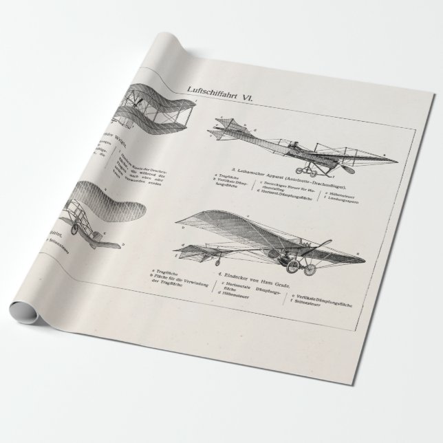 Papier Cadeau Rétros vieux avions d'antiquité de biplan d'avion (Déroulé)