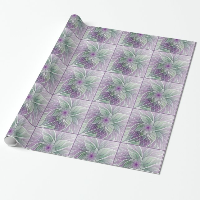 Papier Cadeau Rêve de fleurs, Abstrait violet vert Fractal Art (Déroulé)