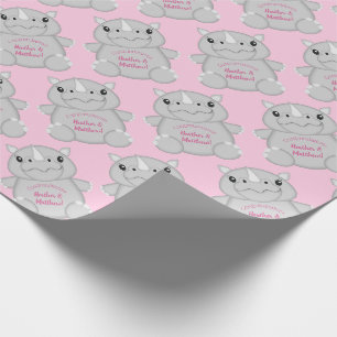Papier Cadeau Rhino Baby shower Safari Rose fille