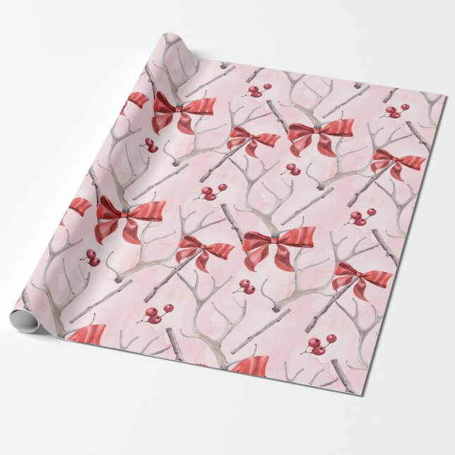 Papier Cadeau Ribbons roses de Noël Holly Motif (Déroulé)