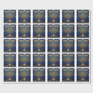 Papier Cadeau Riche Hanukkah bleu et or orné de bijoux