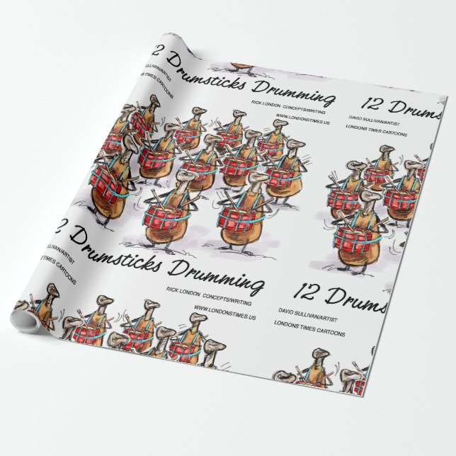 Papier Cadeau Rick London "12 Drumsticks Drumming" Noël (Déroulé)