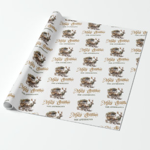 Papier Cadeau Rindeer rustique et traîneau verdure et or chic