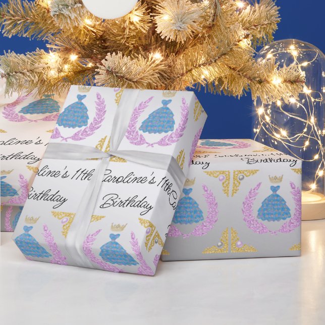 Papier Cadeau Robe Bleue Princesse & Couronne, Anniversaire (Vacances)