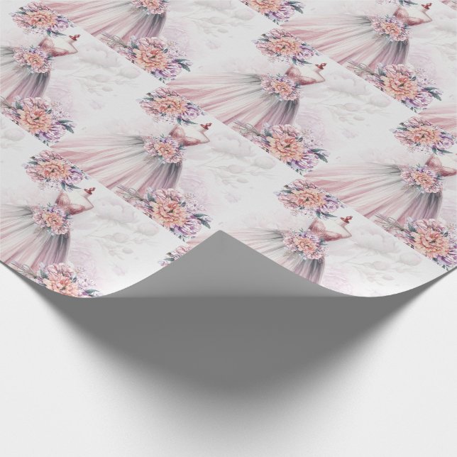 Papier Cadeau Robe de mariée et bouquets botaniques rose (Coin)