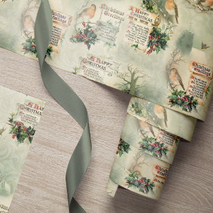 Papier Cadeau Robins vintages et voeux de Noël