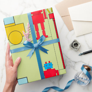Papier Cadeau Robot Géométrique Rétro et Voiture Jaune