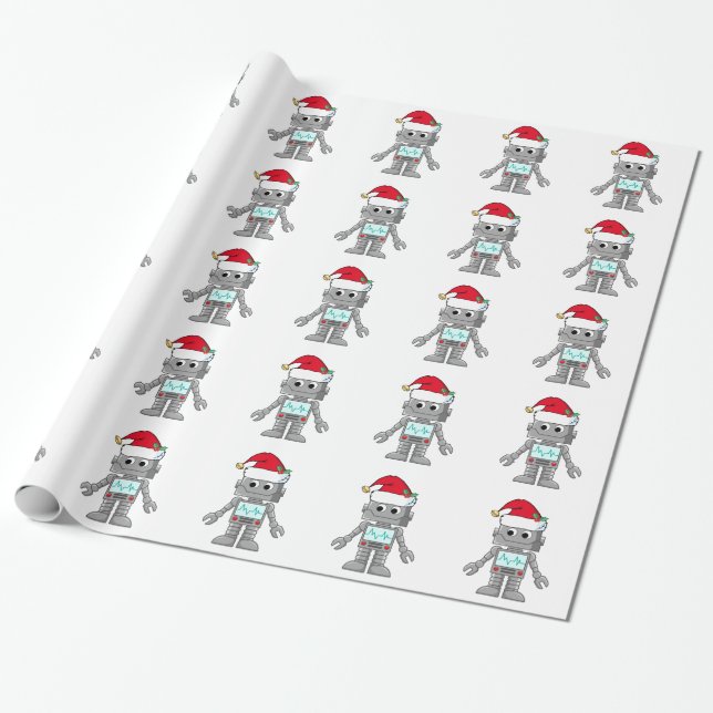 Papier Cadeau Robot portant le chapeau du Père Noël (Déroulé)
