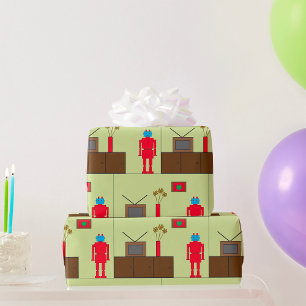 Papier Cadeau Robot rouge rétro
