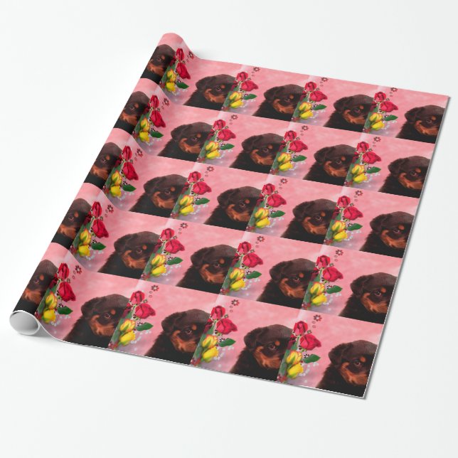 Papier Cadeau Robuste Chiot avec Fleurs Rouge et Jaune (Déroulé)