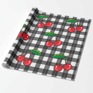 Papier Cadeau Rockabilly 1950 Cerises sur carton blanc noir