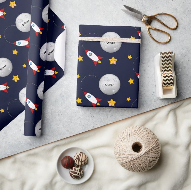 Papier Cadeau Rocket to the Moon and Stars Personnalisé (Artisanat)