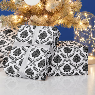 Papier Cadeau Rococo Damassé Rpt Motif Noir sur Blanc