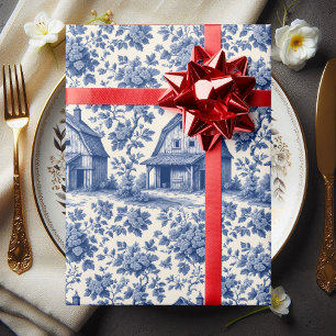 Papier Cadeau Rococo Orné Toile de Jouy Florale Bleu Rustique Gr
