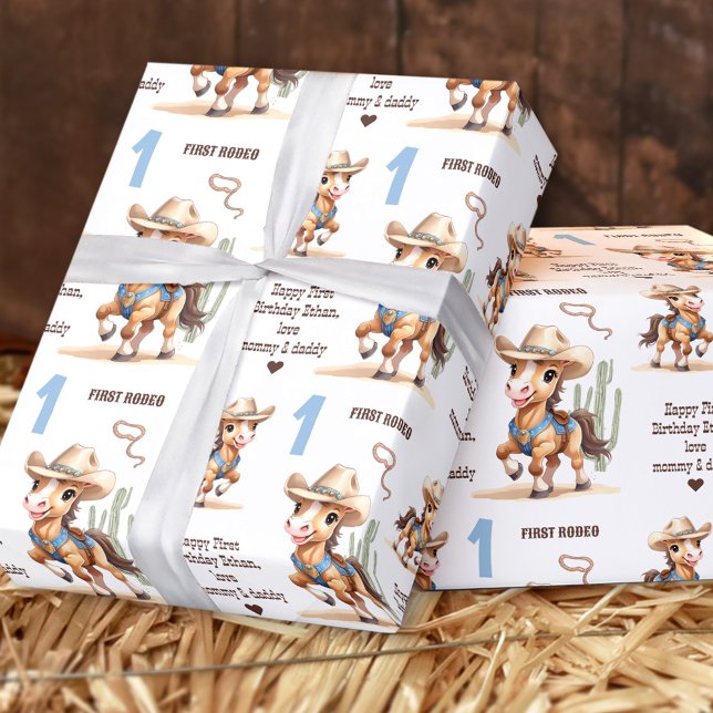 Papier Cadeau Rodeo Cowboy Horse Western Nom garçon 1er annivers (Rodeo Cowboy Horse Western Name Boy 1st Birthday Wrapping Paper)