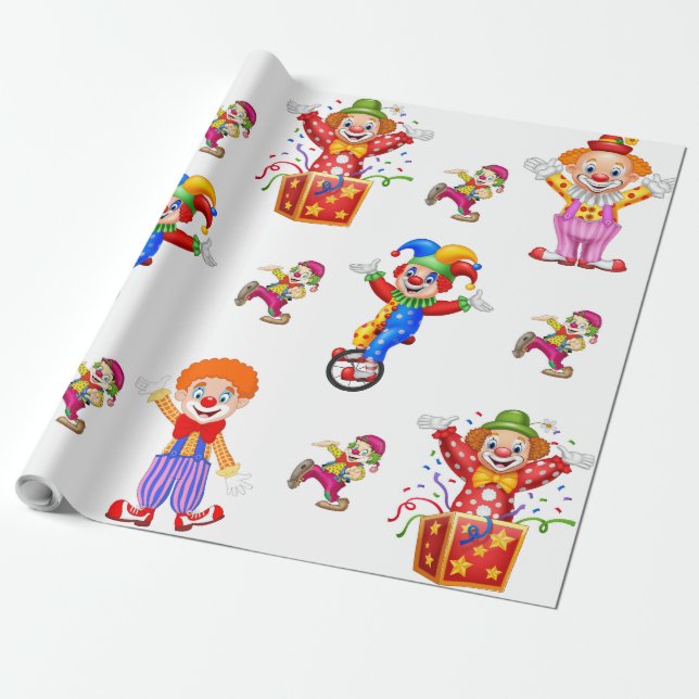 Papier Cadeau rôle d'enveloppe avec des clowns de couleurs (Déroulé)