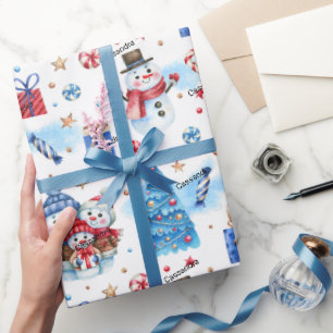 Papier Cadeau Roll, Nom Holiday Snowmen Famille Motif Rouge-Bleu