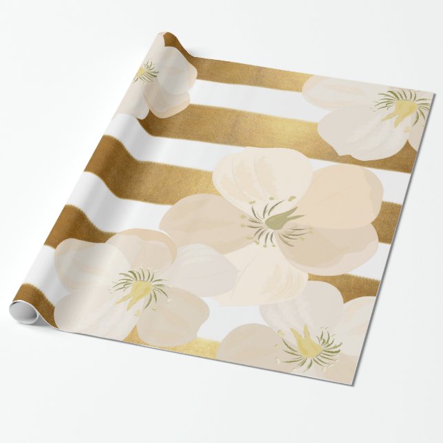 Papier Cadeau Romantic Le Fleur pâle - l'or rose barre élégant (Déroulé)