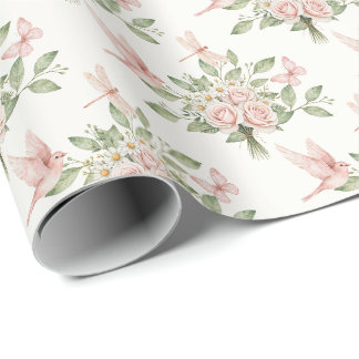 Papier Cadeau Romantic pink and green bird and flowers
