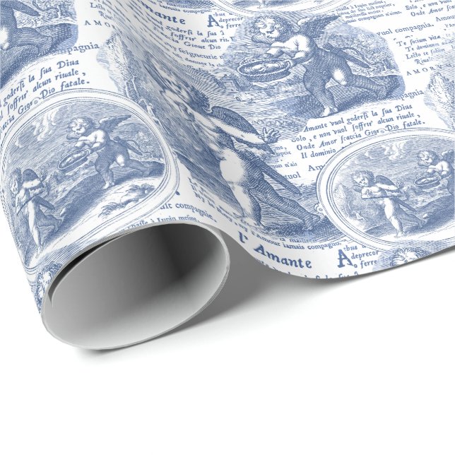 Papier Cadeau Romantique Bleu Français Cupides Toile en Amour (Coin rond)