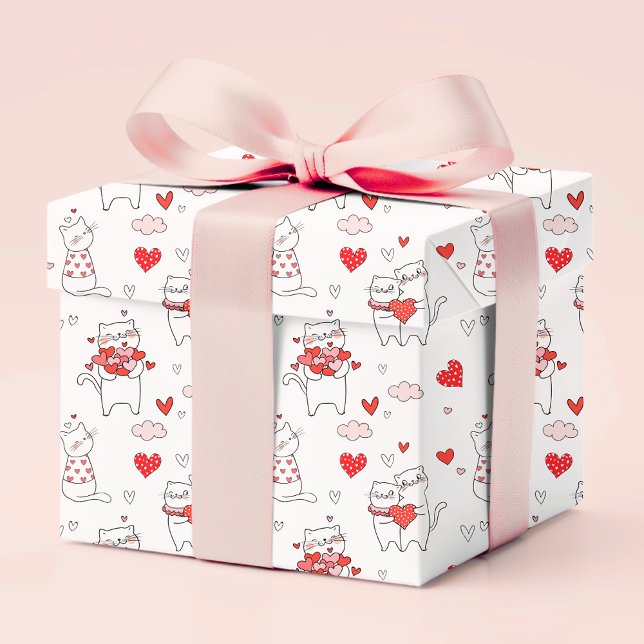 Papier Cadeau Romantique Red Love Heart Kitty Cats | Valentines (Créateur téléchargé)