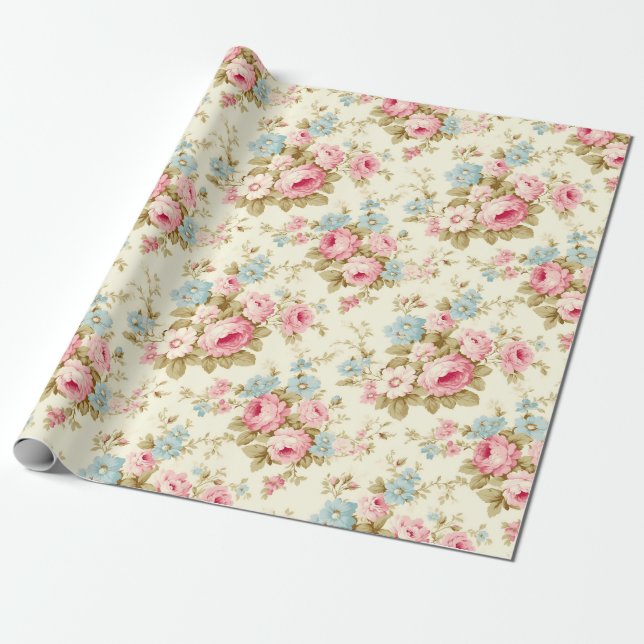 Papier Cadeau Romantique rose Rose anglais sur jaune pâle (Déroulé)
