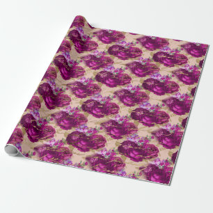 Papier Cadeau Romantique Roses magenta avec l'écriture d'or sur 