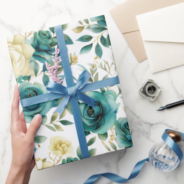 Papier Cadeau Romantique Turquoise Green Cream Rose Floral (Cadeaux)