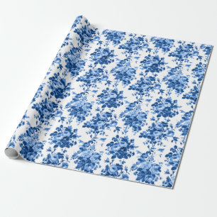 Papier Cadeau Romantique Vintage Roses-Bleu sur Blanc