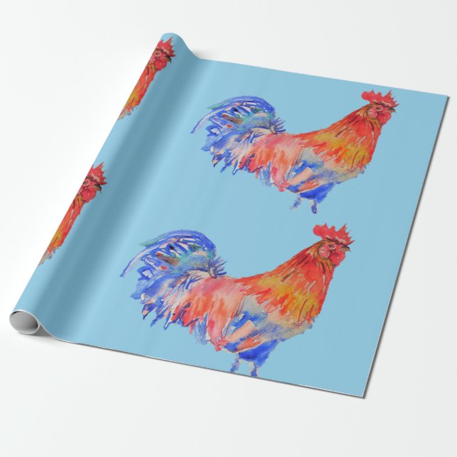 Papier Cadeau Rooster rouge poulet Rooster Aquarelle (Déroulé)