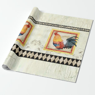Papier Cadeau Rooster rustique Aquarelle Arlequin bois Découpage