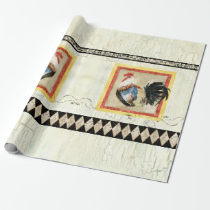 Papier Cadeau Rooster rustique Aquarelle Arlequin bois Découpage