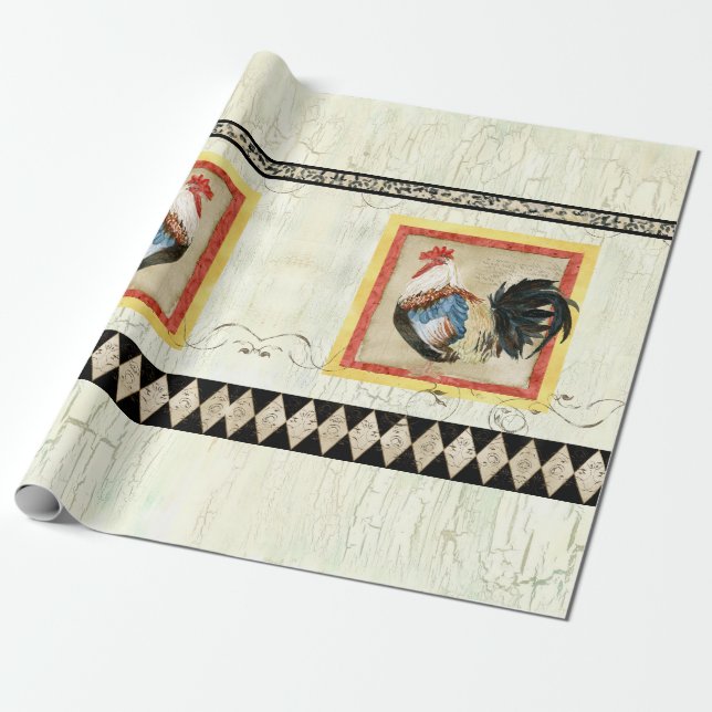 Papier Cadeau Rooster rustique Aquarelle Arlequin bois Découpage (Déroulé)