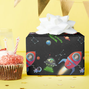 Papier Cadeau Roquette avec photo   Astronaute Alien de l'OVNI