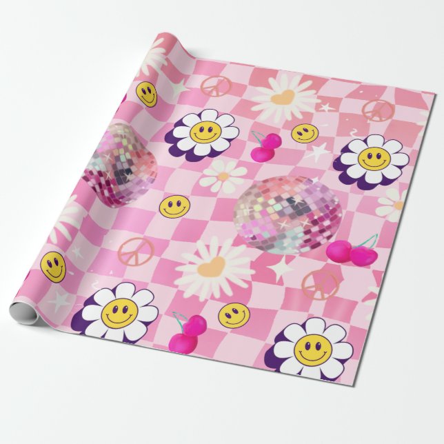 Papier Cadeau rose à damiers rétro Super (Déroulé)