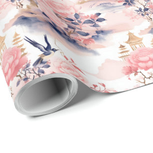 Papier Cadeau Rose asiatique Maison Fleurie 