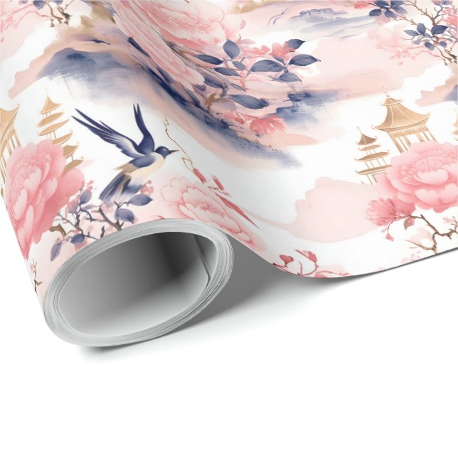 Papier Cadeau Rose asiatique Maison Fleurie  (Coin rond)
