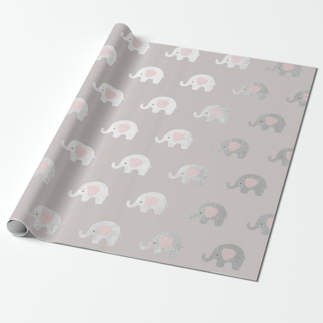 Papier Cadeau Rose Blanc Argent Princesse Éléphant Nouveau bébé (Déroulé)