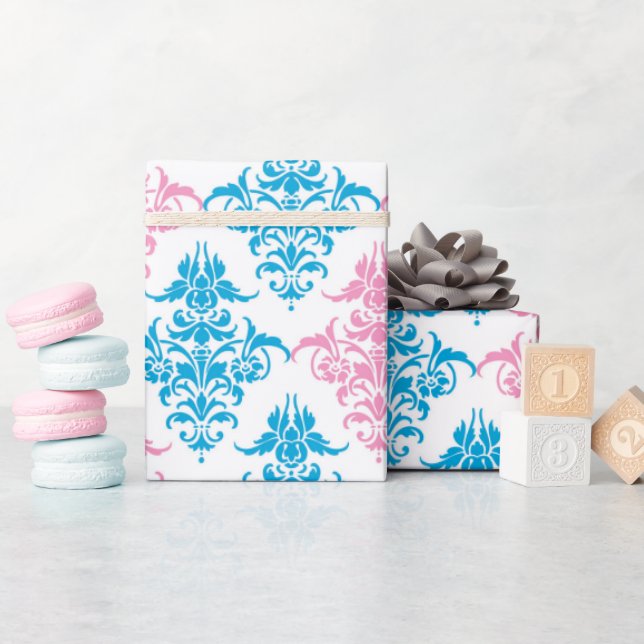 Papier Cadeau Rose bleu damask sexe révéler wrap (Baby Shower)