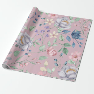 Papier Cadeau Rose Bleu et Jaune Floral Violet