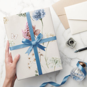 Papier Cadeau Rose Bourgogne Bleu Fleurs Blanches Papillon Maria