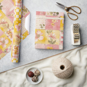 Papier Cadeau Rose Chaude Jaune Patchwork Gingham Cottagecore Fl