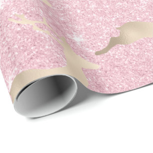 Papier Cadeau Rose cuivre or rennes de Noël motif marbre