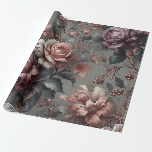Papier cadeau Rose de cuivre à prune fleurie (Déroulé)