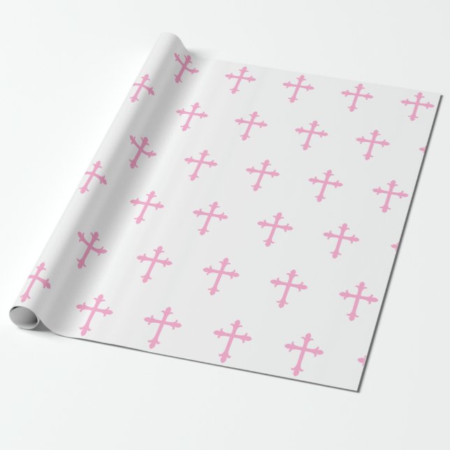 Papier Cadeau Rose de fille de confirmation de croix de baptême (Déroulé)