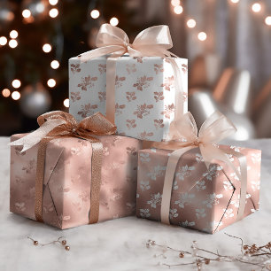 Papier Cadeau Rose de Noël Gold Elegant Holly Feuille