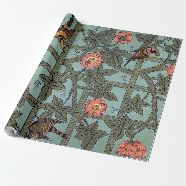 Papier Cadeau Rose d'Escalades & Petit Oiseau, William Morris (Déroulé)