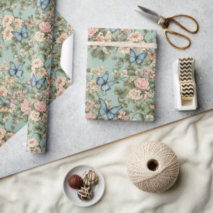Papier Cadeau Rose et bleu floral papillon ultra-doux
